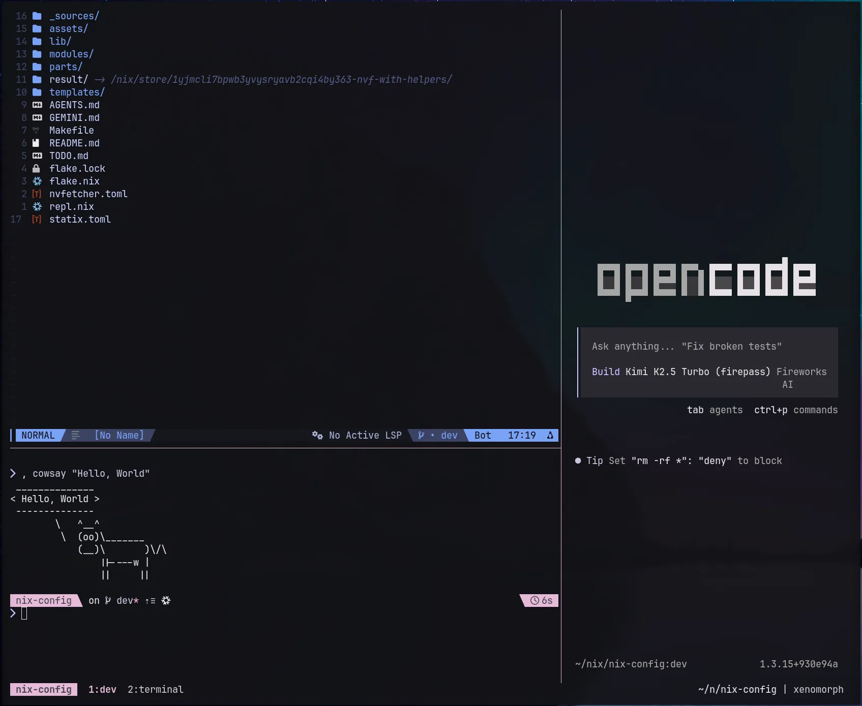 My tmux development workflow showing Neovim with file tree on the left, Opencode AI panel on the right, and terminal window below